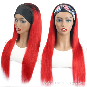 Brazilian Human Hair Headband Wigs Ombre Red Colored Human Hair Straight Wigs for Black Women Remy Hair No Lace Machine Made Wig